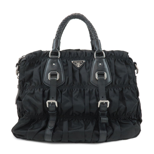 Prada Gathered 2Way Hand Bag d Leather Nylon Black Handbag