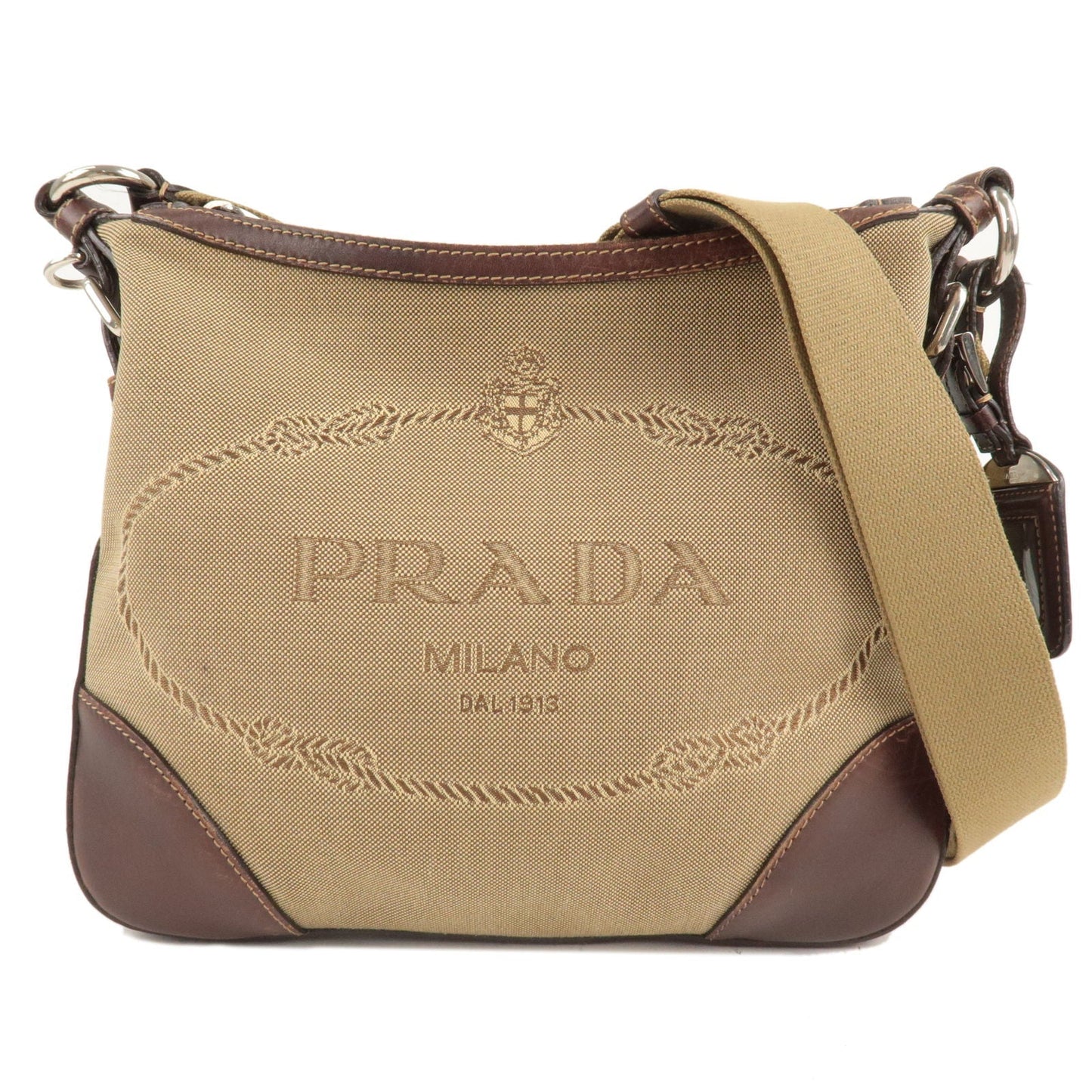 Prada Prada Logo Jacquard Leather Shoulder Bag Beige Brown Bt0533 36731 12