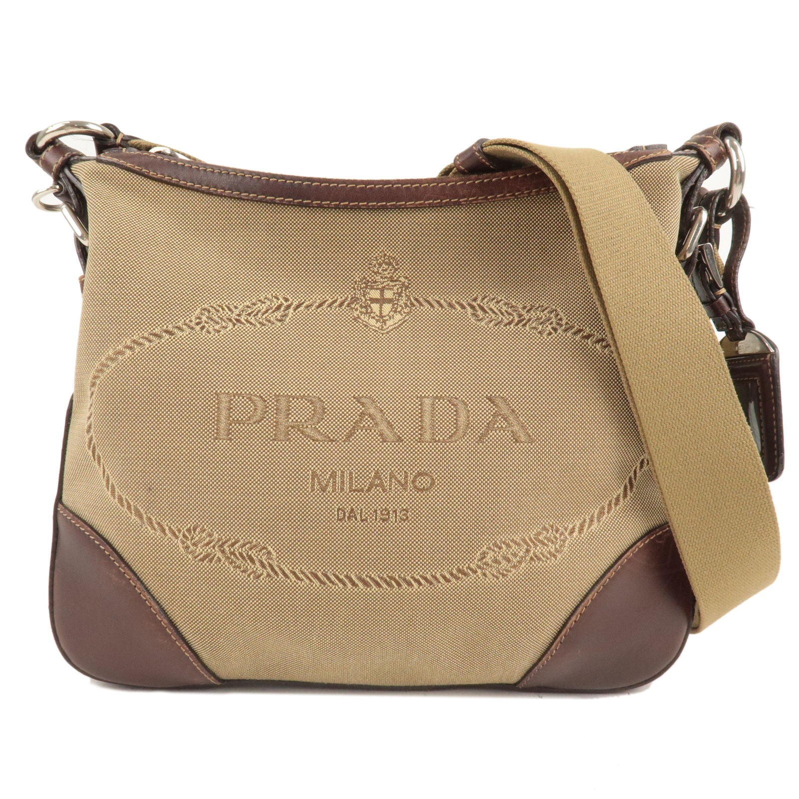 Prada Prada Logo Jacquard Leather Shoulder Bag Beige Brown Bt0533 36731 12