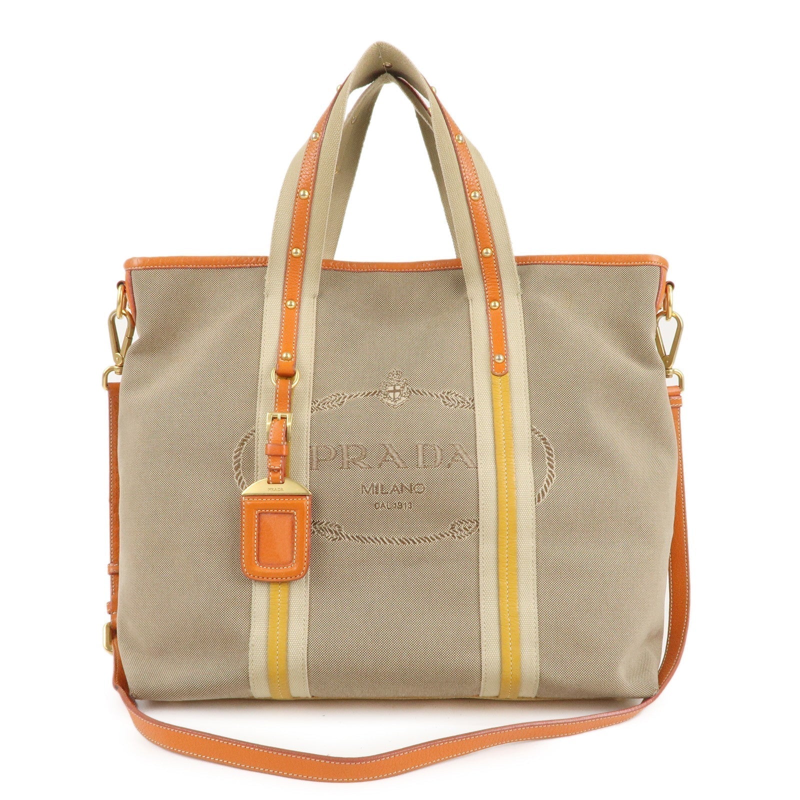 Prada Prada Logo Jacquard Leather 2Way Hand Bag Beige Travel Bag