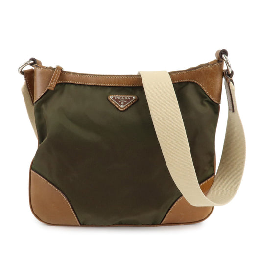 Prada Shoulder Bag Triangle Khaki d Leather Nylon Logo