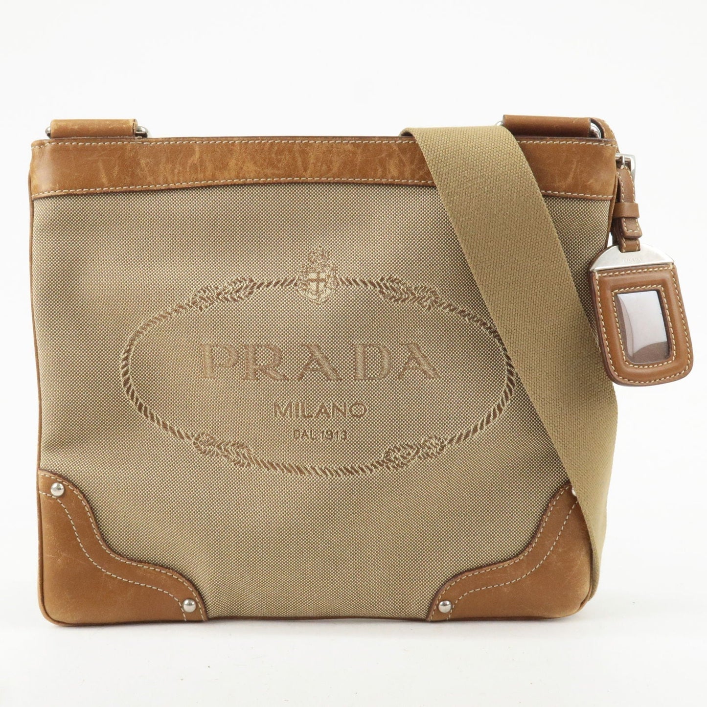 Prada Prada Logo Jacquard Leather Shoulder Bag Beige Brown Bt0537 36612 16