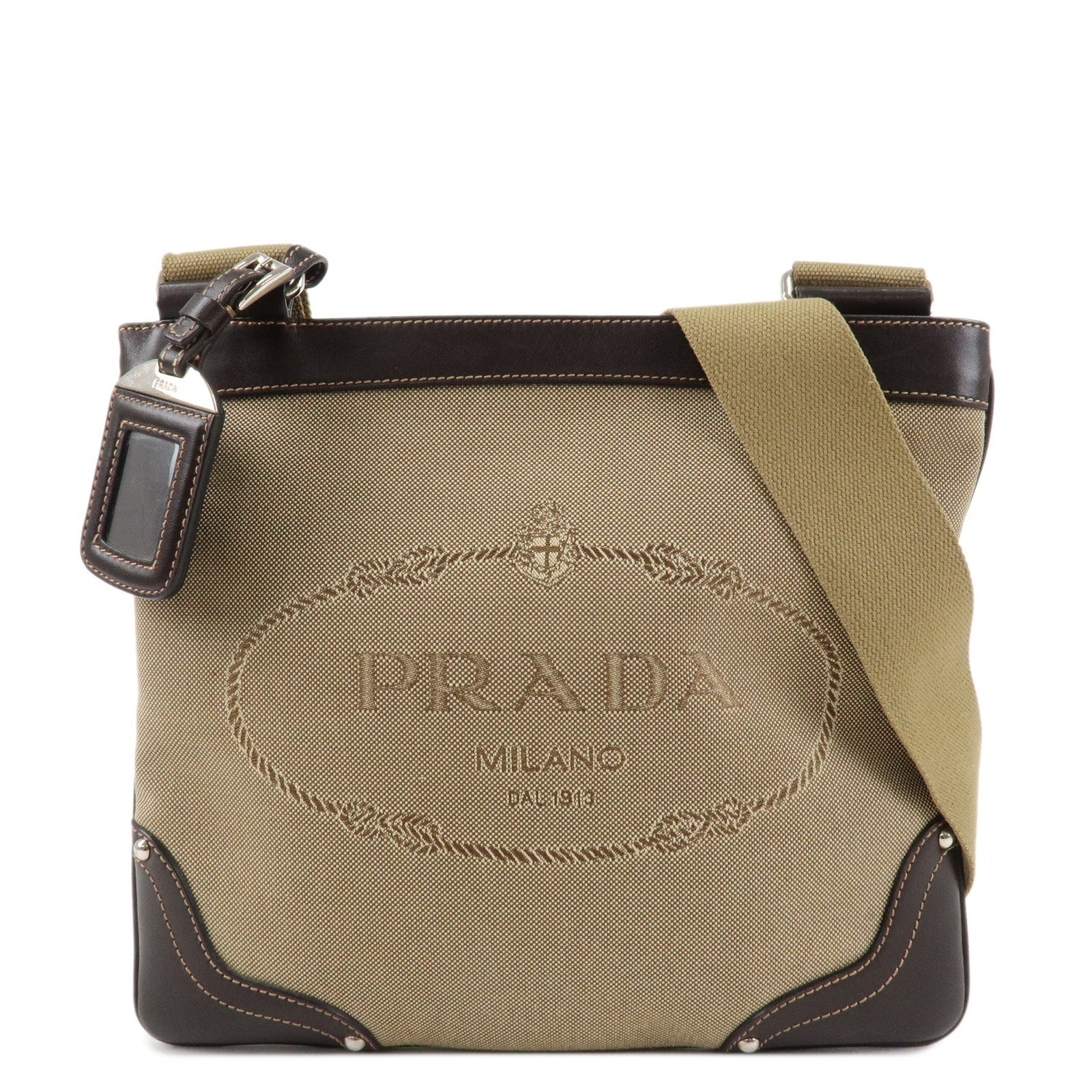 Prada Shoulder Bag Jacquard Dark d Leather Brown Beige