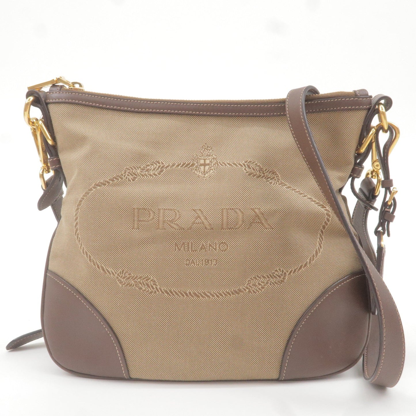 Prada Prada Logo Jacquard Leather Shoulder Bag Beige Brown Bt867A 36592 9