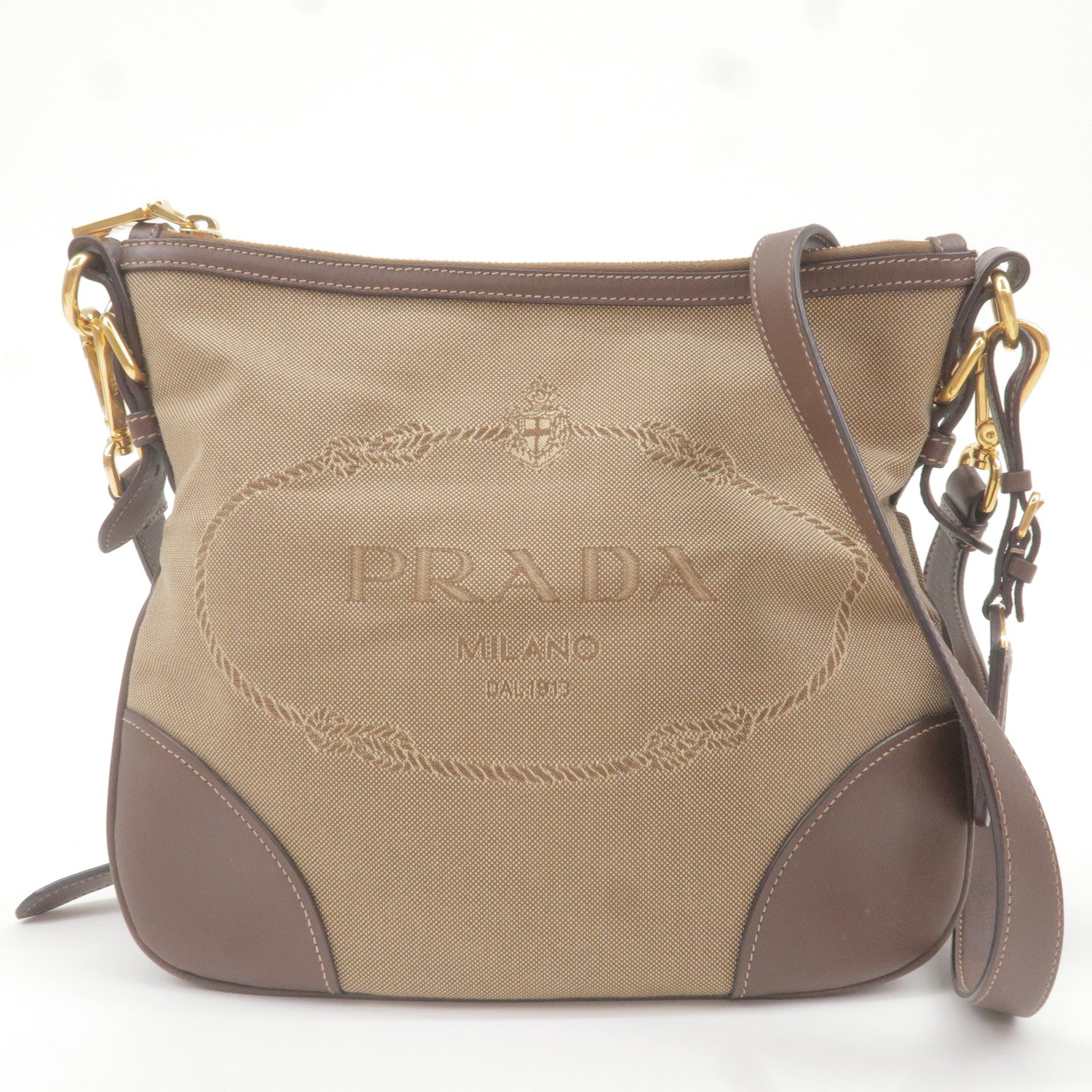 Prada Prada Logo Jacquard Leather Shoulder Bag Beige Brown Bt867A 36592 9
