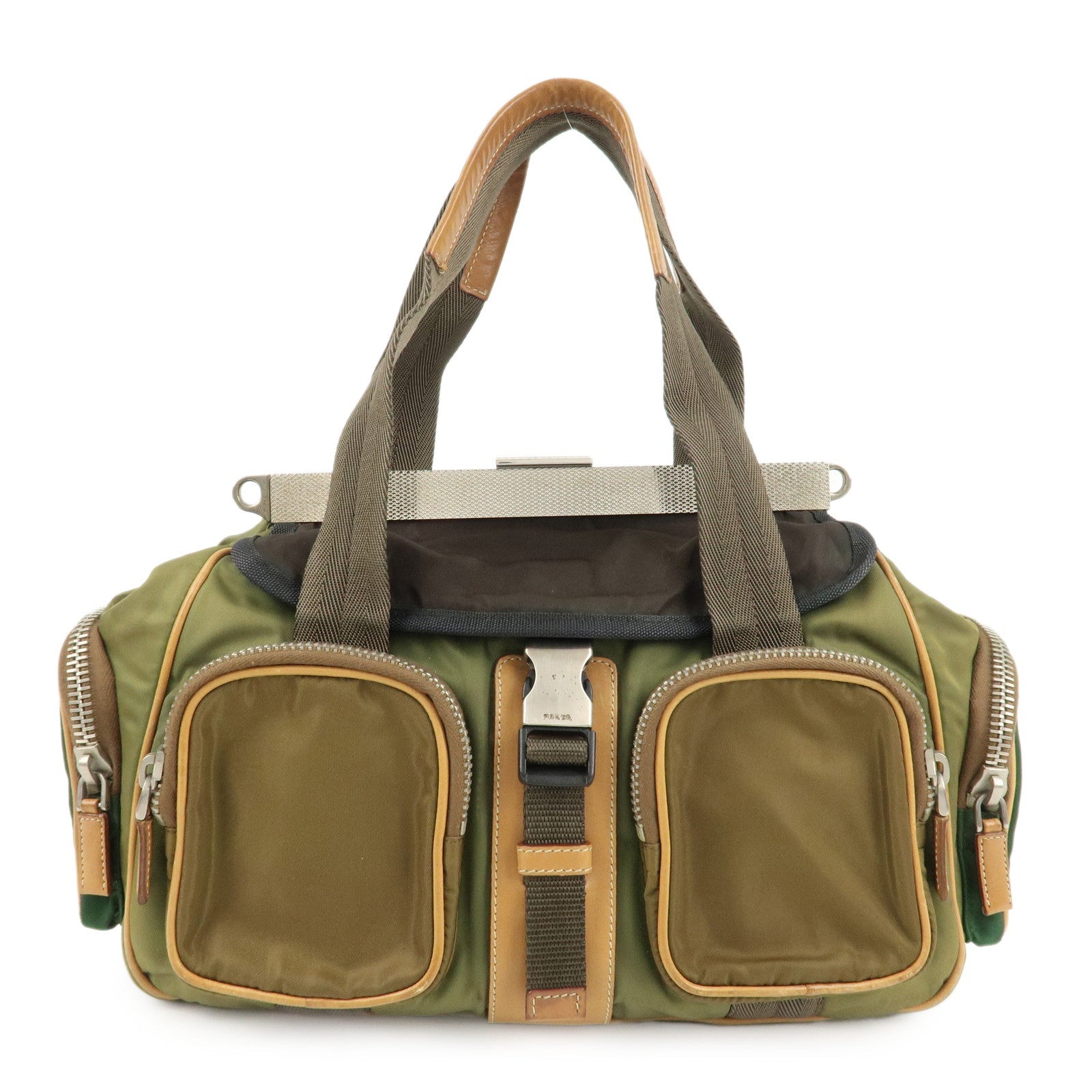 Prada Shoulder Bag Khaki d Leather Nylon Brown