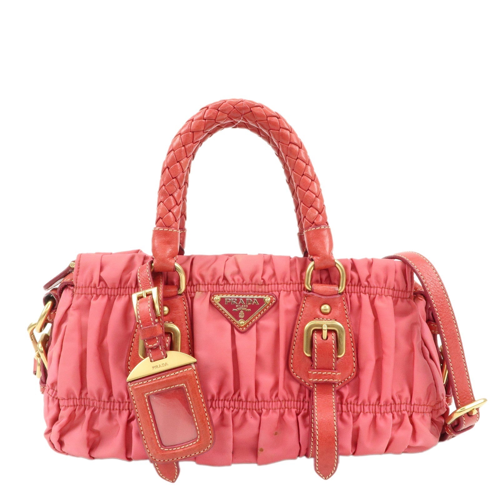 Prada Shoulder Bag 2Way Bag Hand Bag Gathered d Leather Nylon Pink