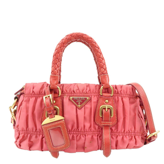 Prada Shoulder Bag 2Way Bag Hand Bag Gathered d Leather Nylon Pink