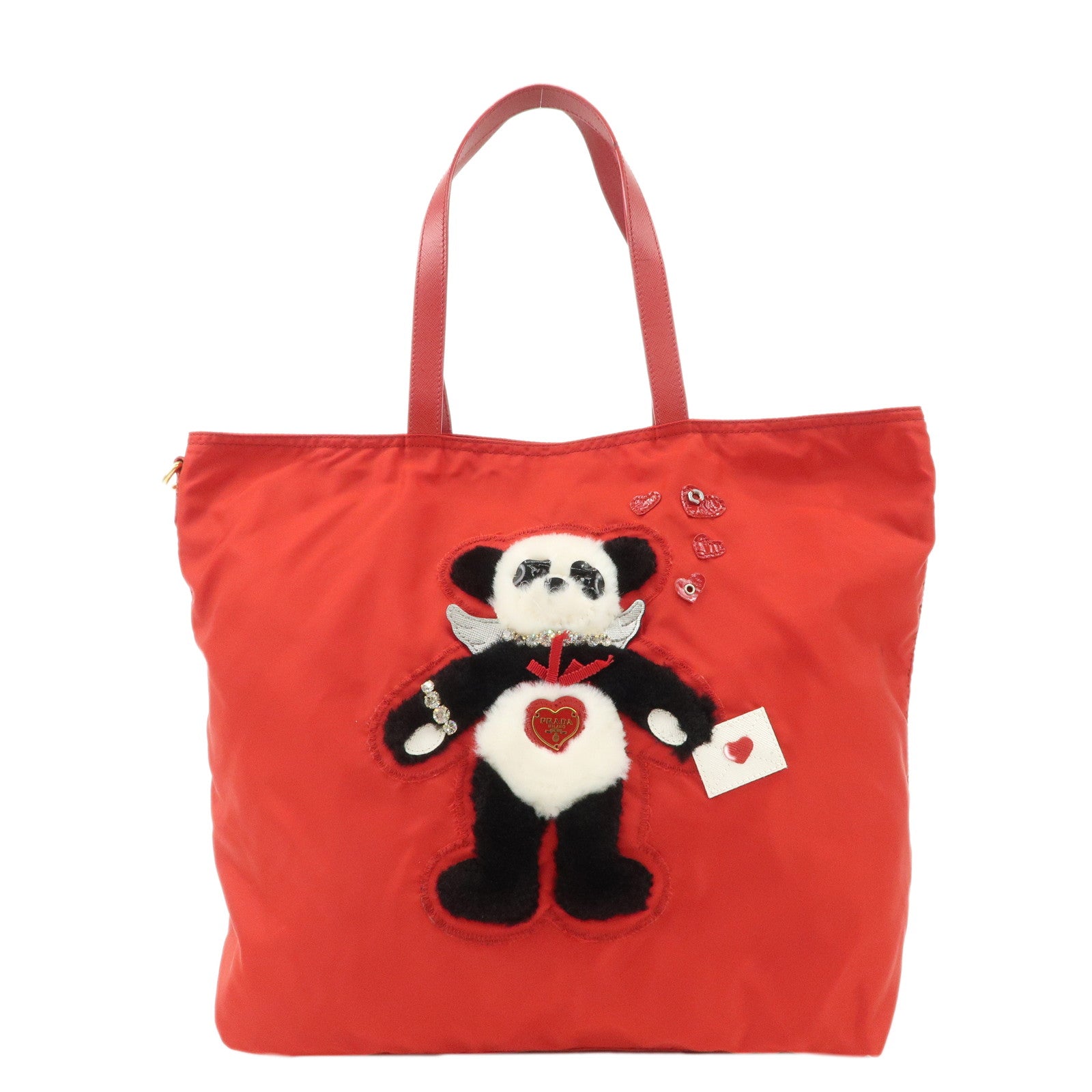 Prada Tote Bag Le ther Panda Shoudler Bag d Nylon Red