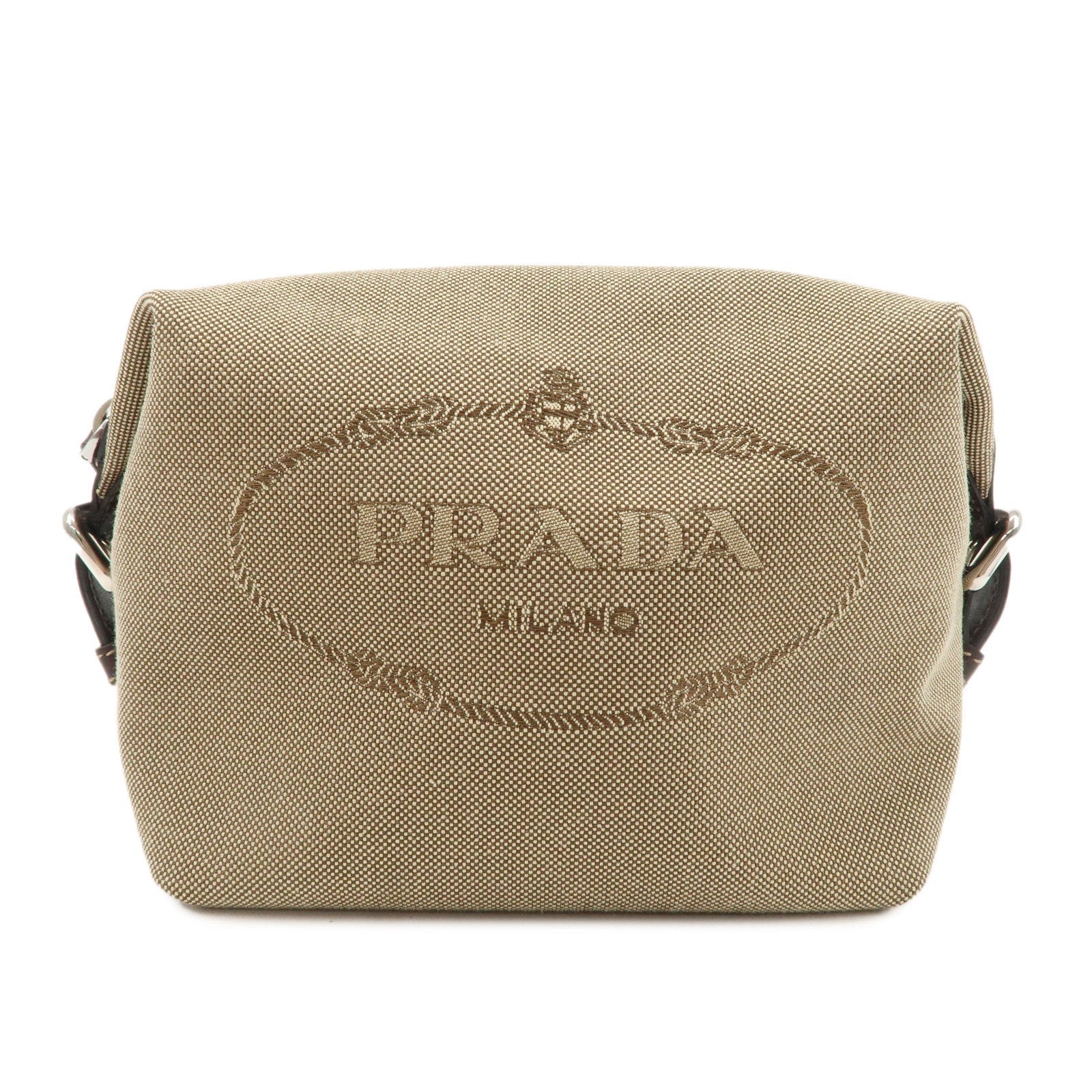 Prada Jacquard Pouch d Leather Brown Beige Handbag