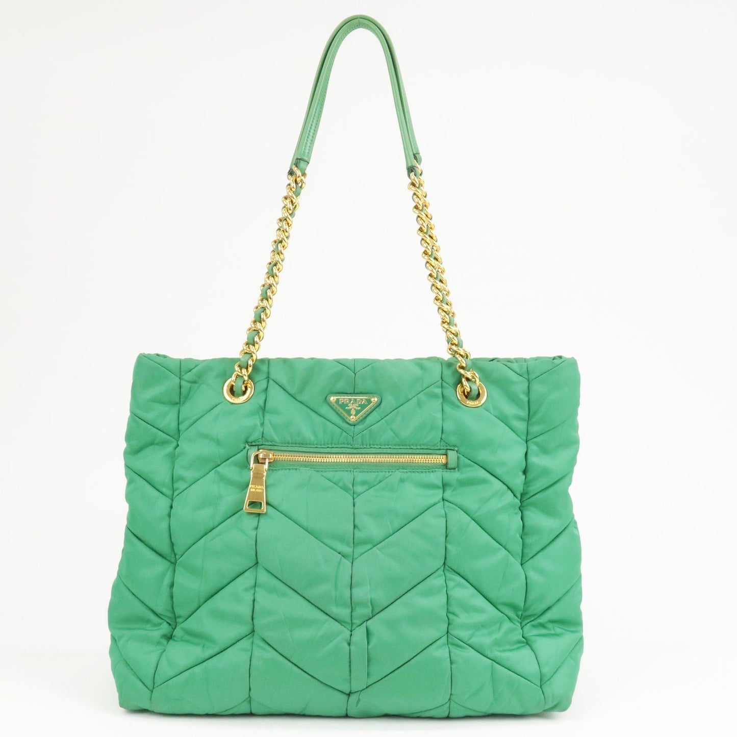 Prada Prada Logo Nylon Leather Chain Tote Bag Green