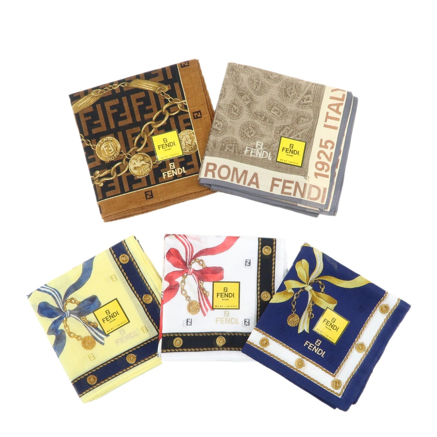Fendi Set of 5 Cotton 100% Handkerchief d White Brown Beige Scarf