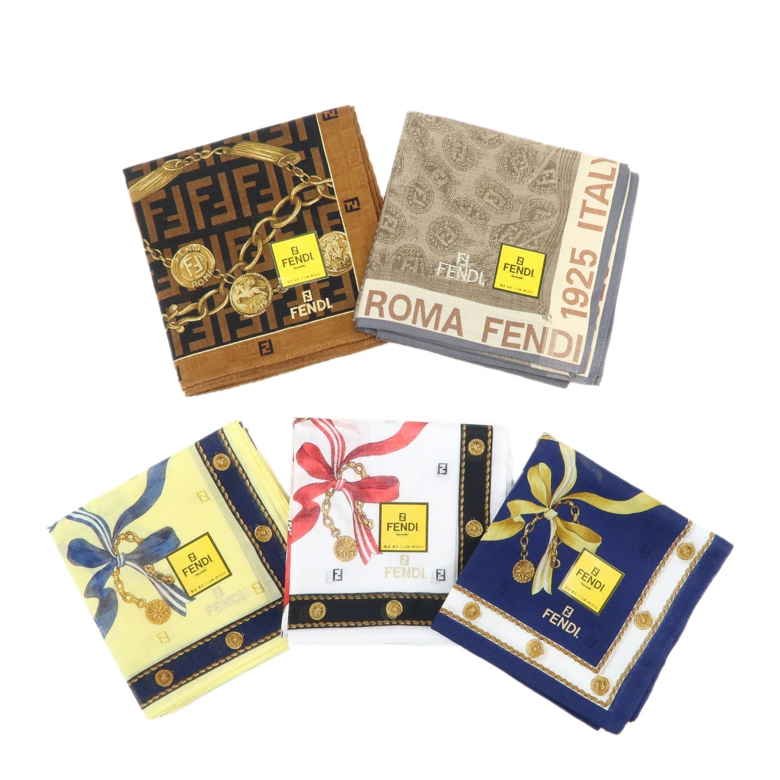 Fendi Set of 5 Cotton 100% Handkerchief d White Brown Beige Scarf