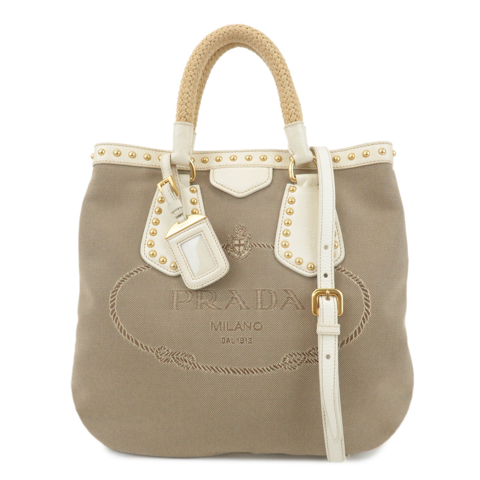 Prada Studs Hand Bag d Leather Canvas Beige Handbag
