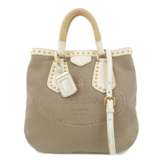 Prada Studs Hand Bag d Leather Canvas Beige Handbag