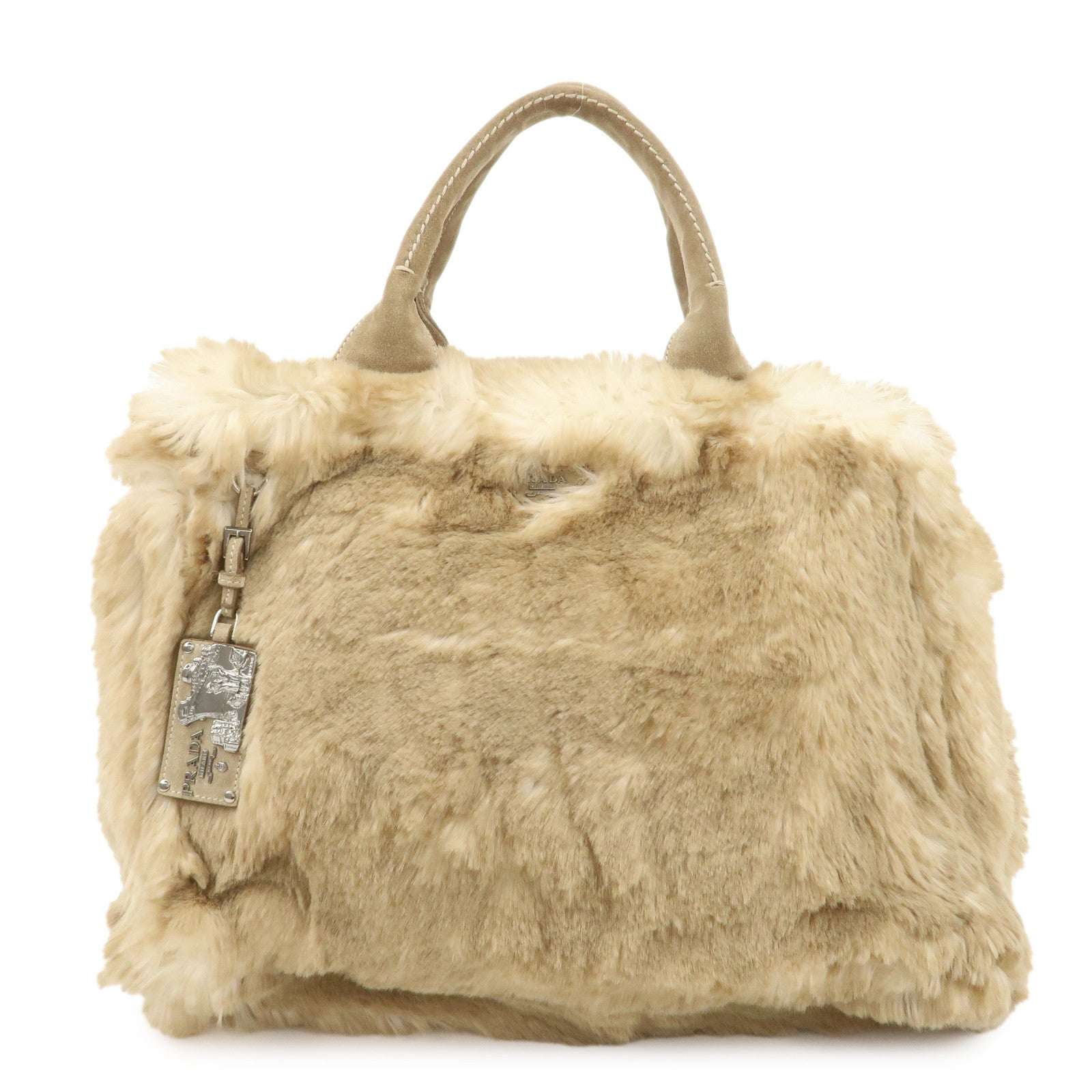 Prada Tote Bag Eco Lapin Fur Canapa d Suede Beige Large