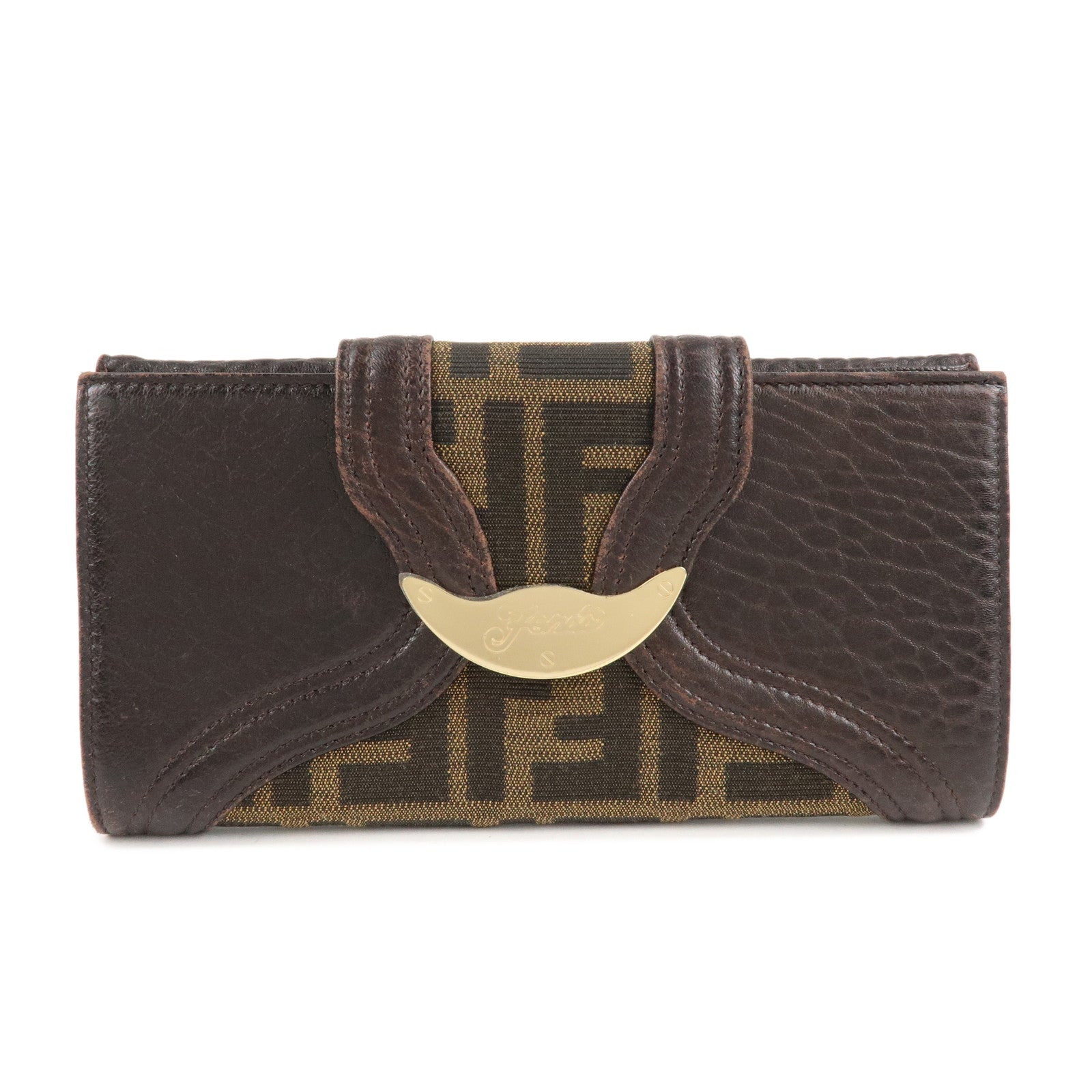 Fendi Zucca W Hook Bifold Long Wallet d Leather Canvas Handbag