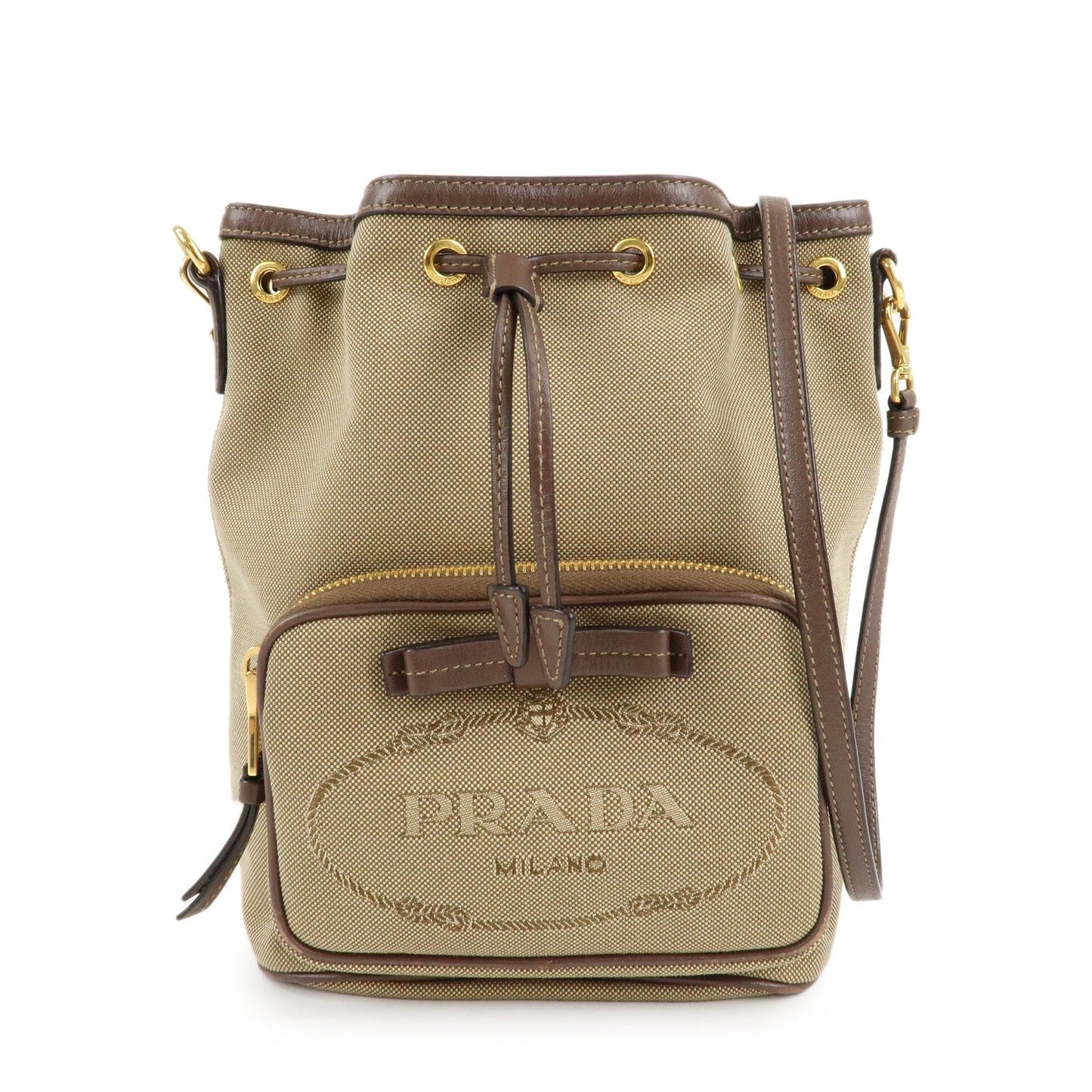 Prada Shoulder Bag Jacquard Drawstring d Leather Beige Logo