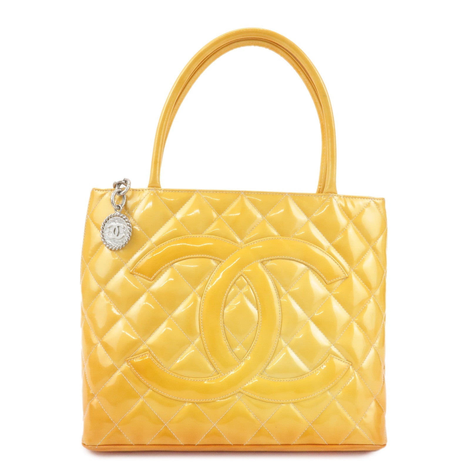 CHANEL Matelasse Patent Leather Medalion Tote Bag Yellow A01804