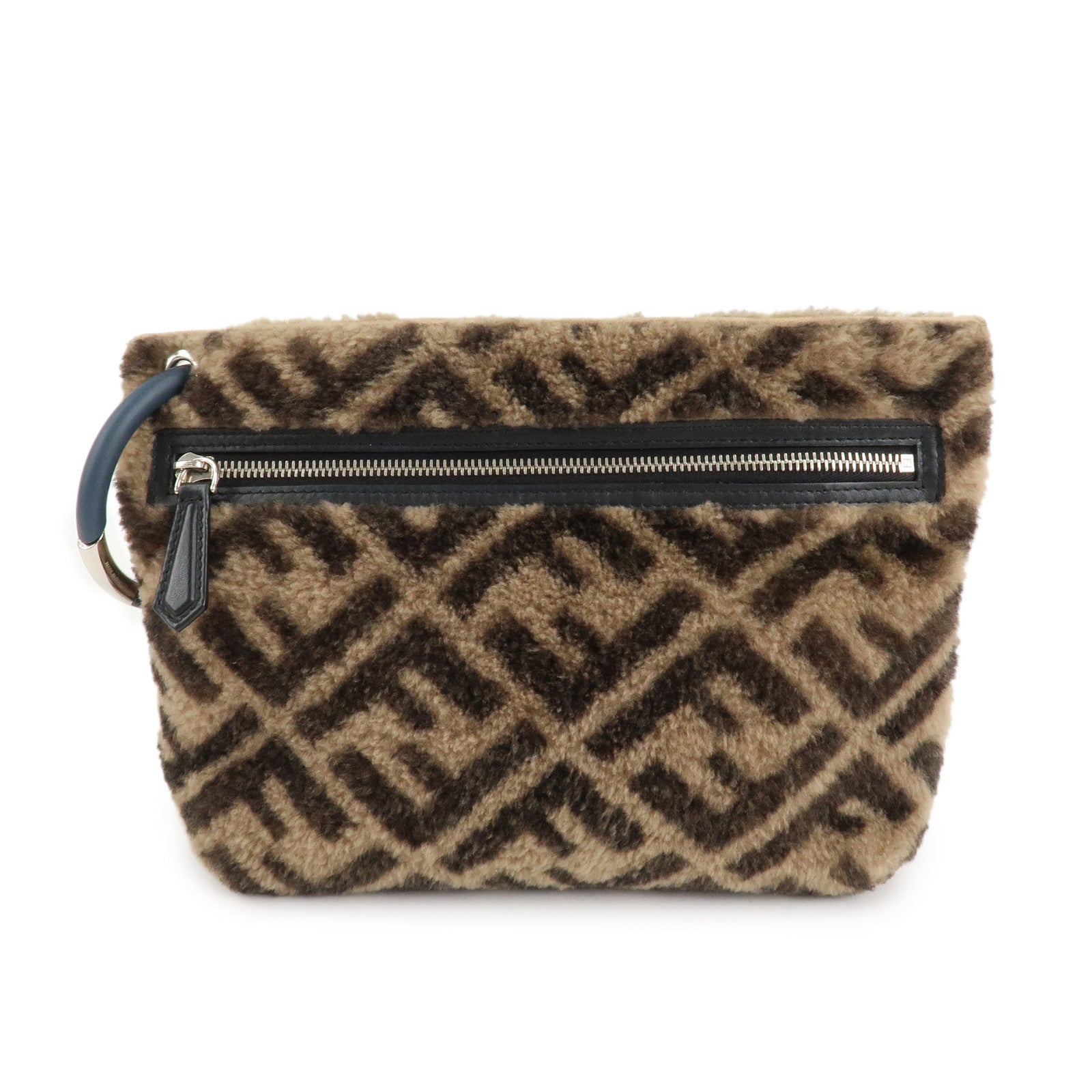 Fendi Clutch Bag Zucca Wool d Leather Black Brown