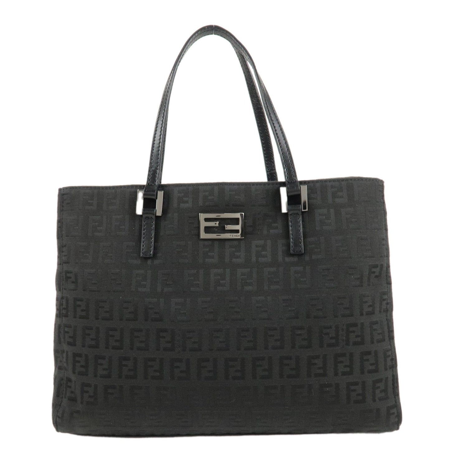 Fendi Tote Bag Zucchino Hand Bag d Leather Canvas Black