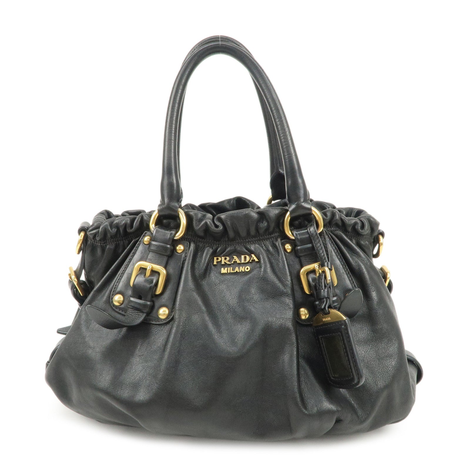 Prada Gathered Hand Bag HDW d Leather Black Gold Handbag