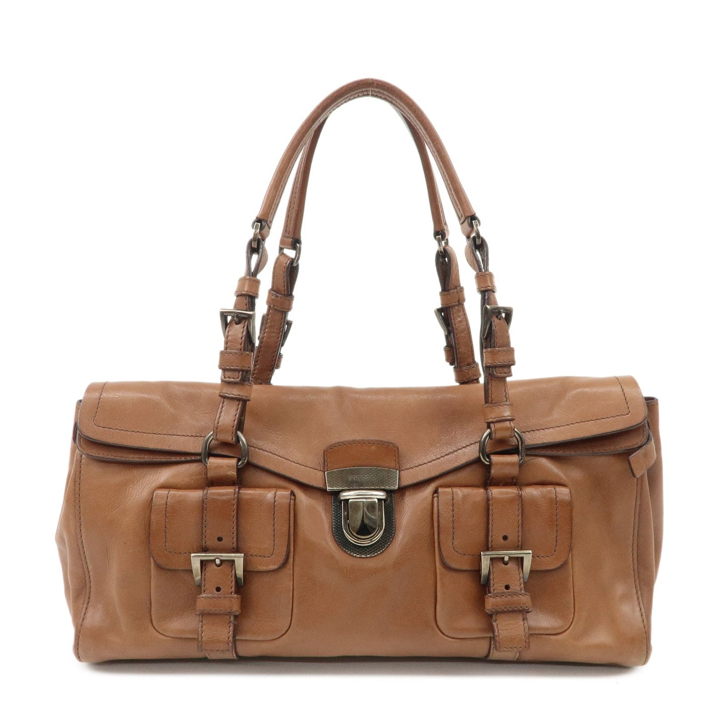 Prada Shoulder Bag Hand Bag Hardware d Leather Brown Silver