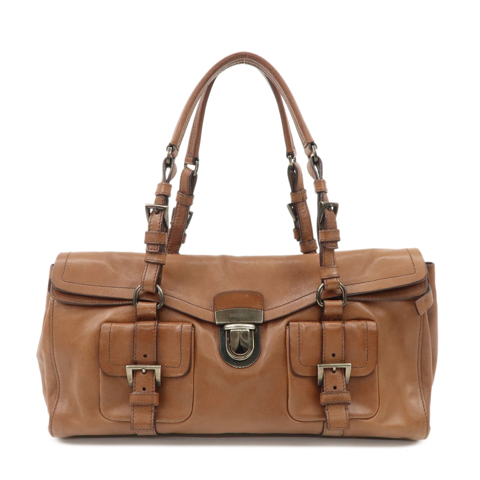 Prada Shoulder Bag Hand Bag Hardware d Leather Brown Silver