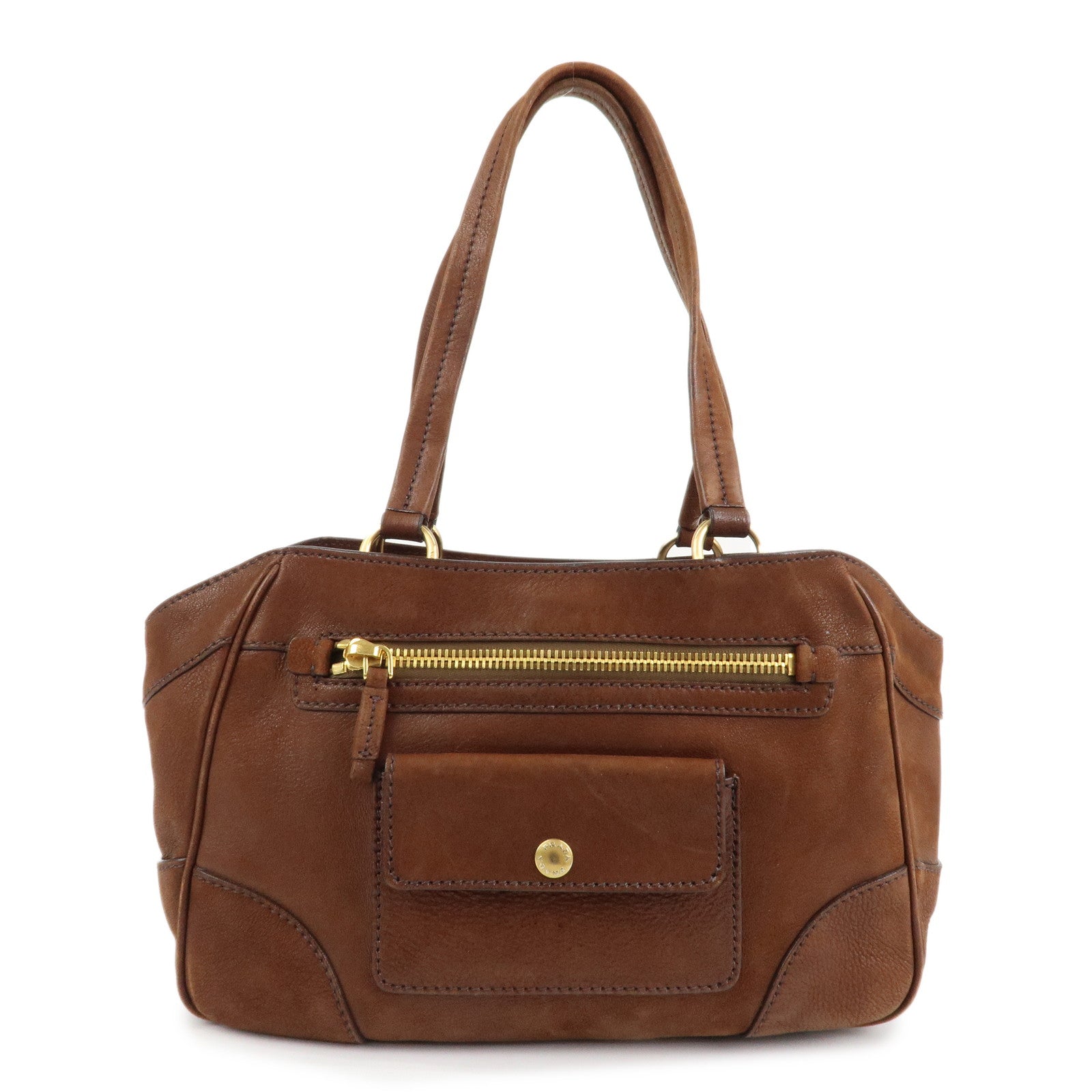 Prada Tote Bag Triangle Hardware d Leather Brown Gold
