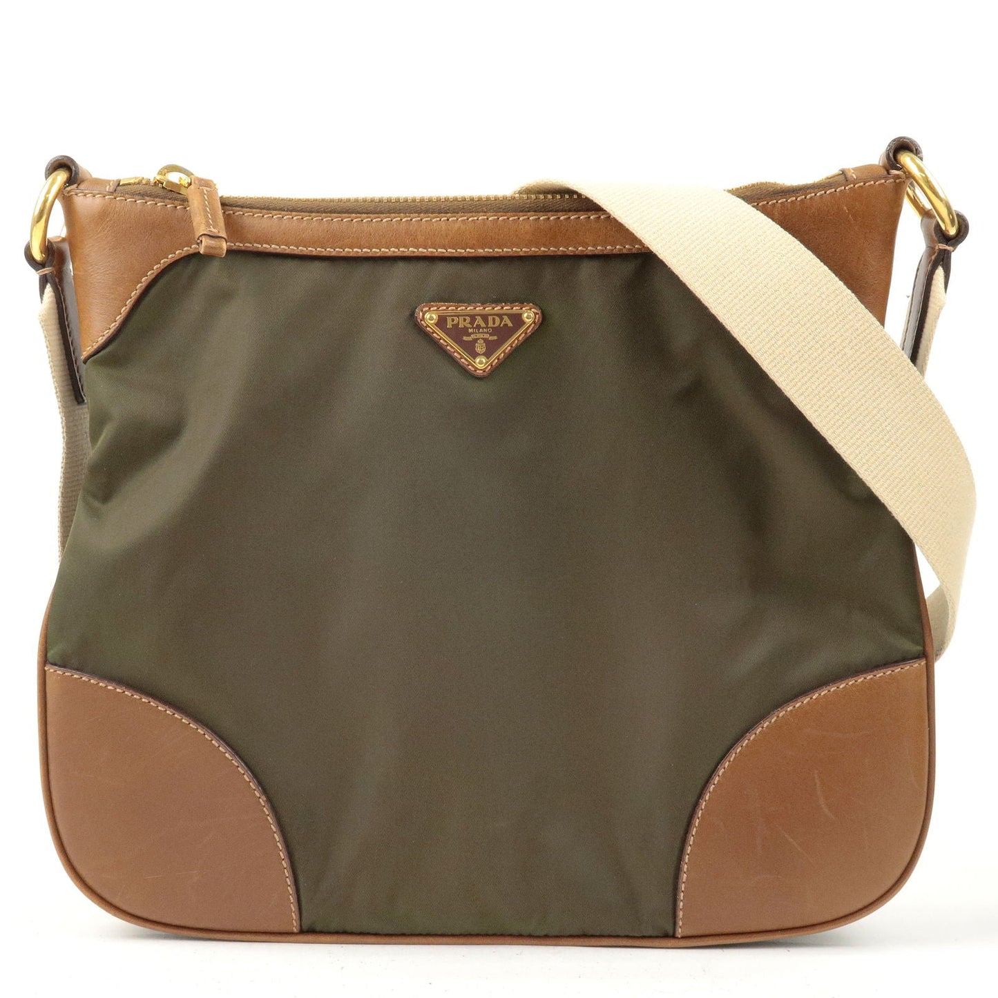 Prada Prada Nylon Leather Shoulder Bag Khaki Brown 36216