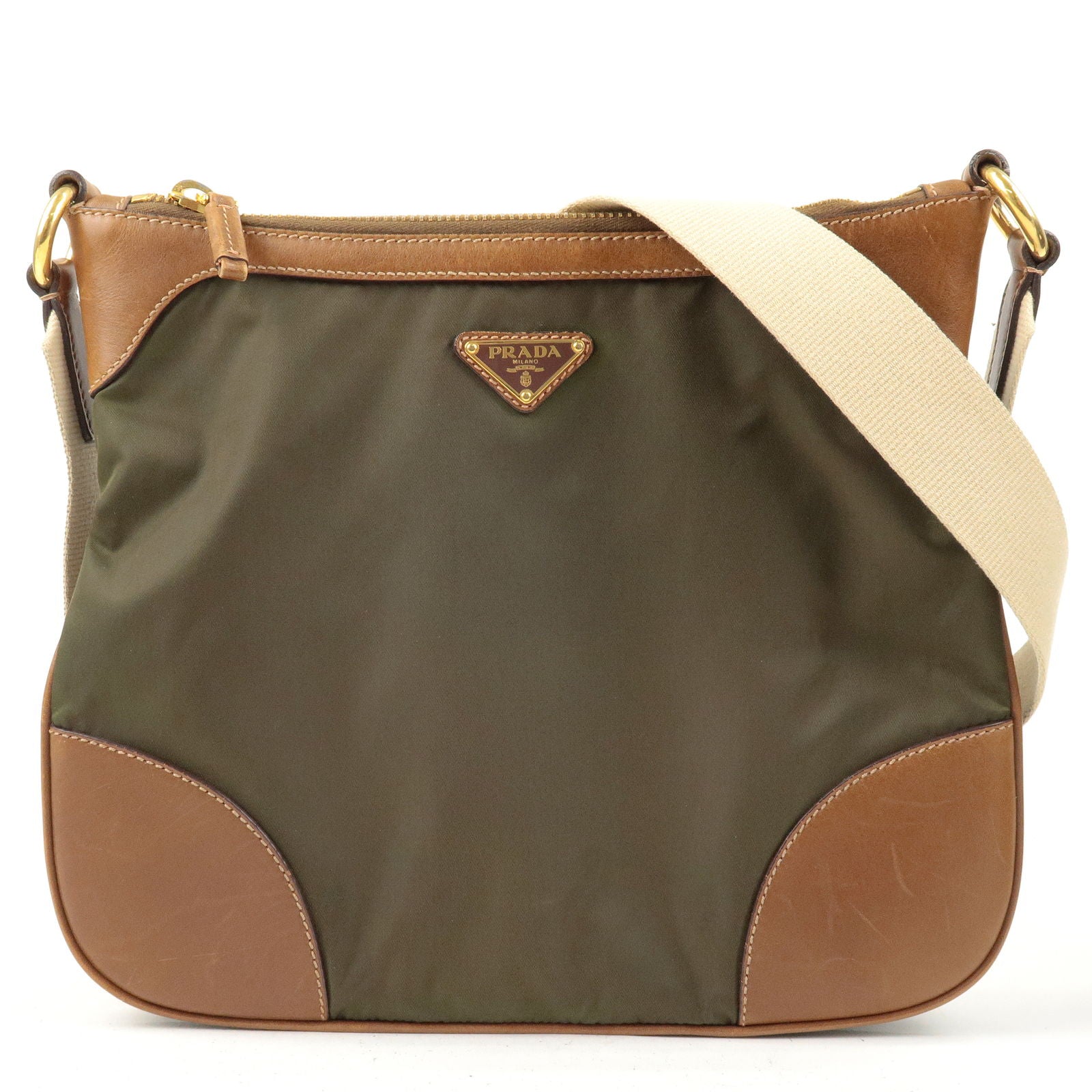 Prada Prada Nylon Leather Shoulder Bag Khaki Brown 36216
