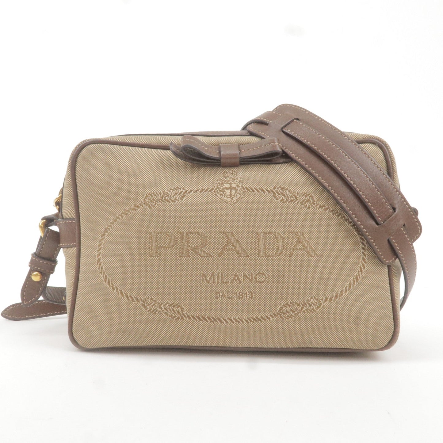 Prada Prada Logo Jacquard Leather Shoulder Bag Beige Brown 1Bh089 36093 1