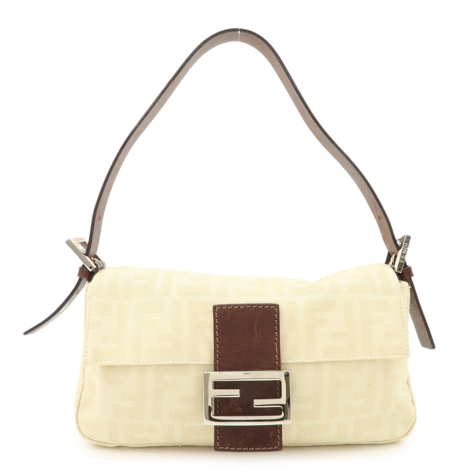 Fendi Shoulder Bag Zucca Mamma Baguette d Leather Canvas White