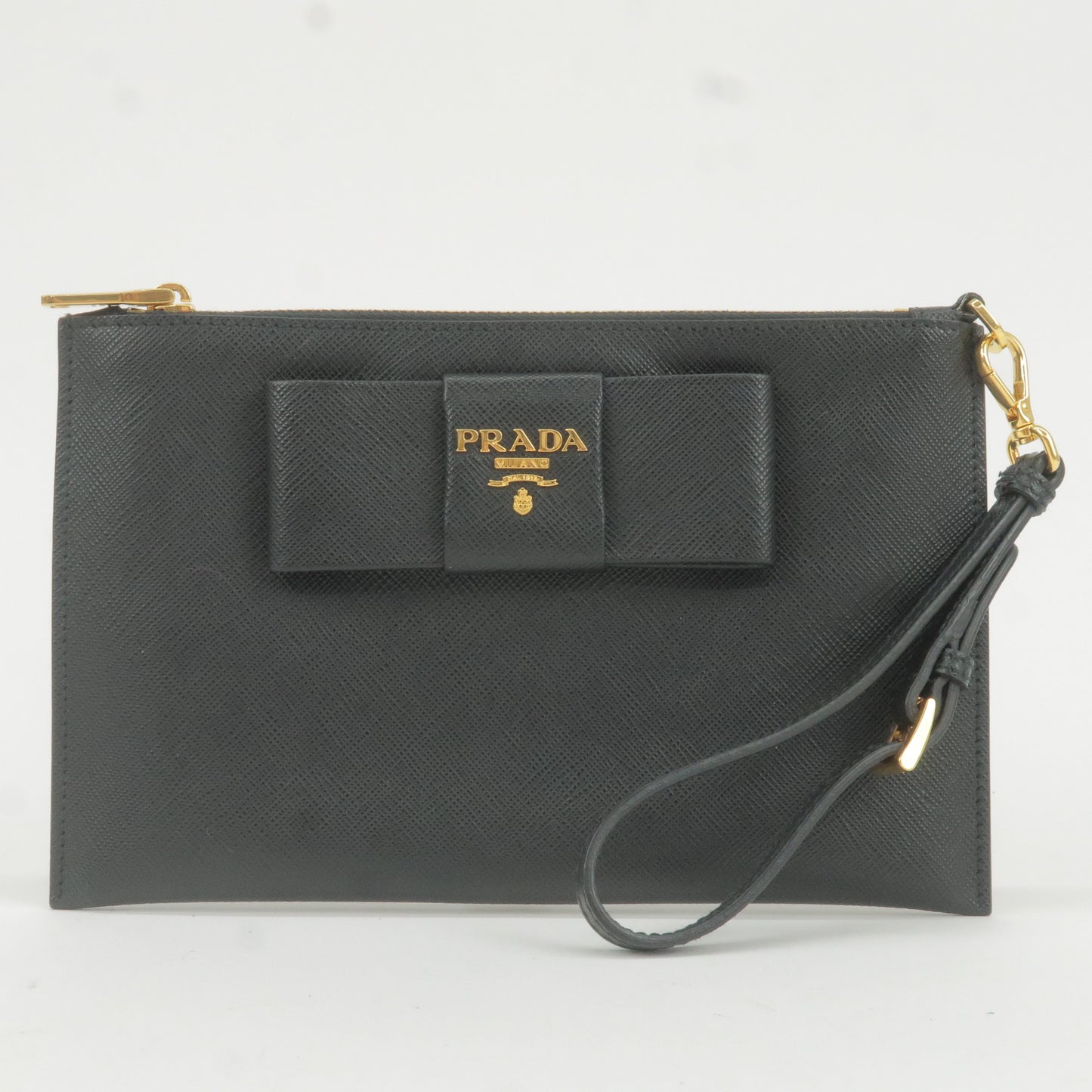 Prada Prada Logo Leather Ribbon Pouch Cosmetics Bag Nero Travel Bag