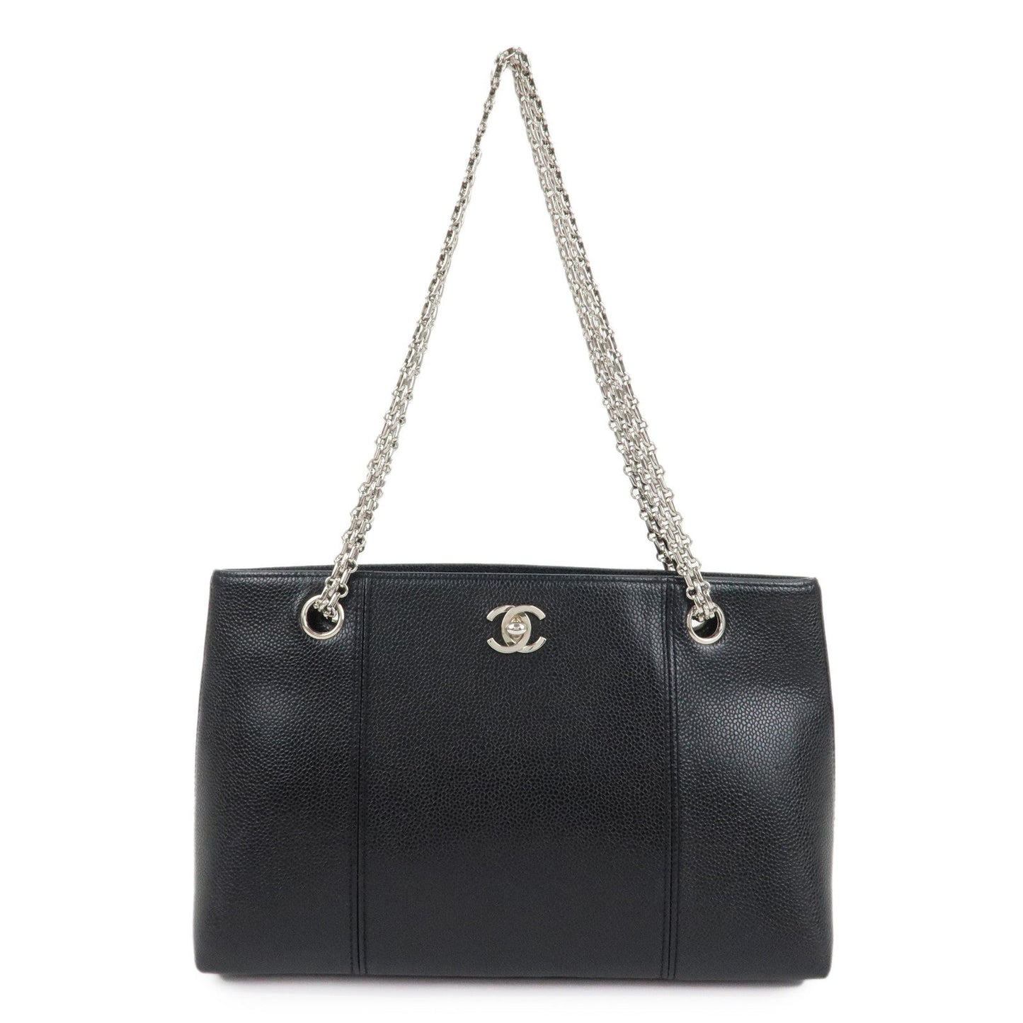 CHANEL Caviar Skin Chain Tote Bag Black Silver Hardware