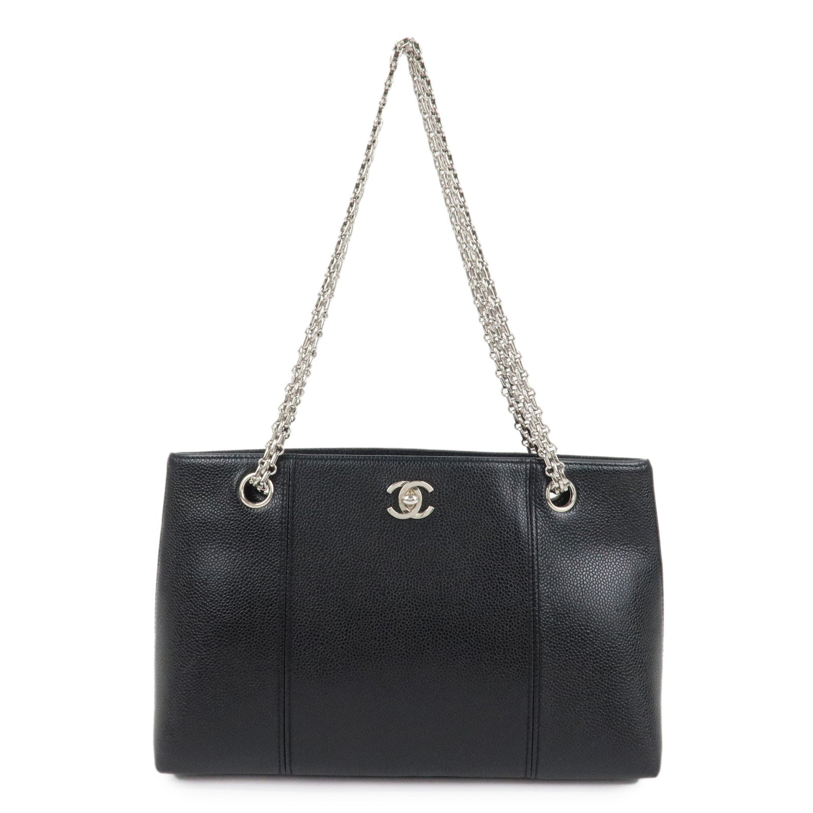 CHANEL Caviar Skin Chain Tote Bag Black Silver Hardware