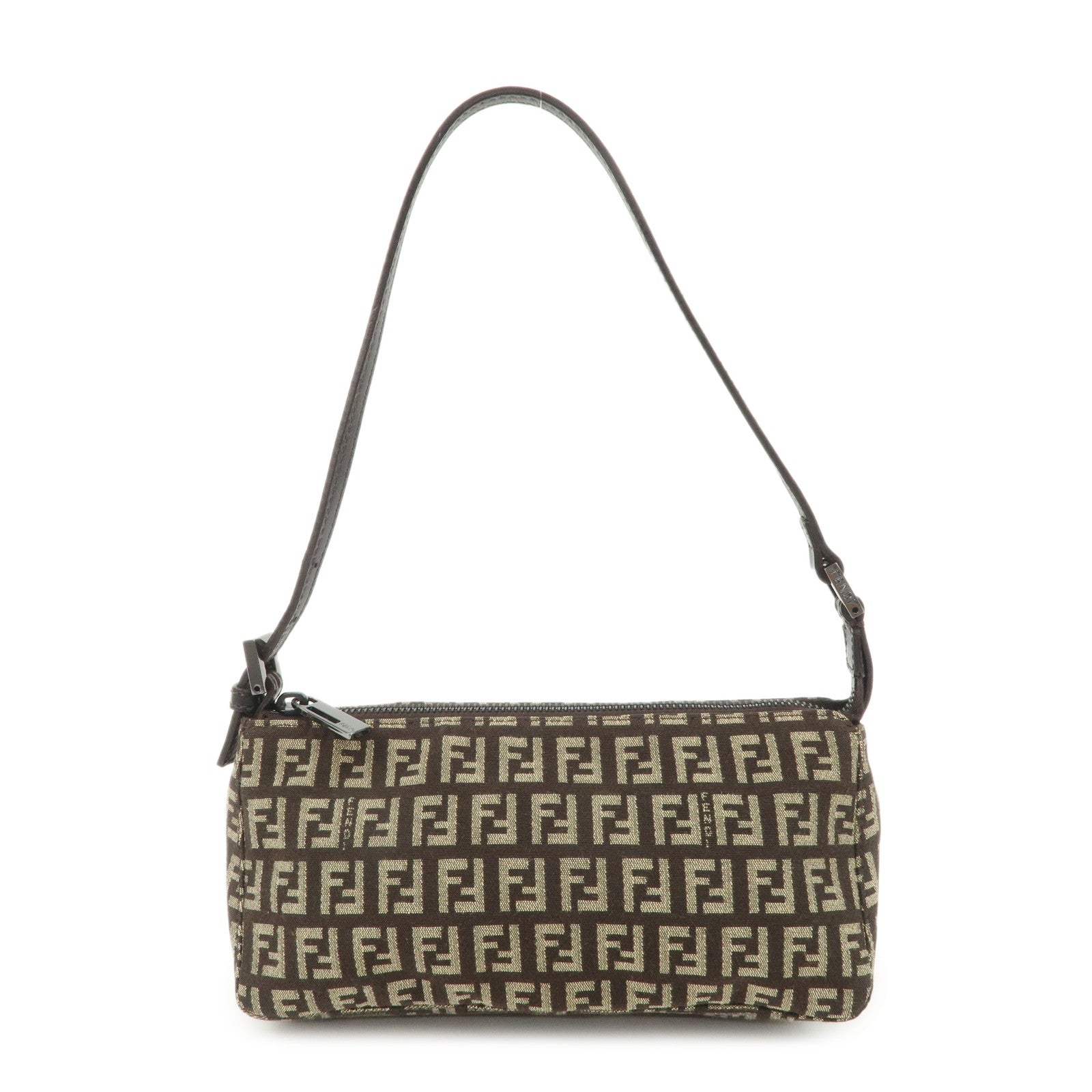 Fendi Shoulder Bag Zucchino Dark d Leather Canvas Brown