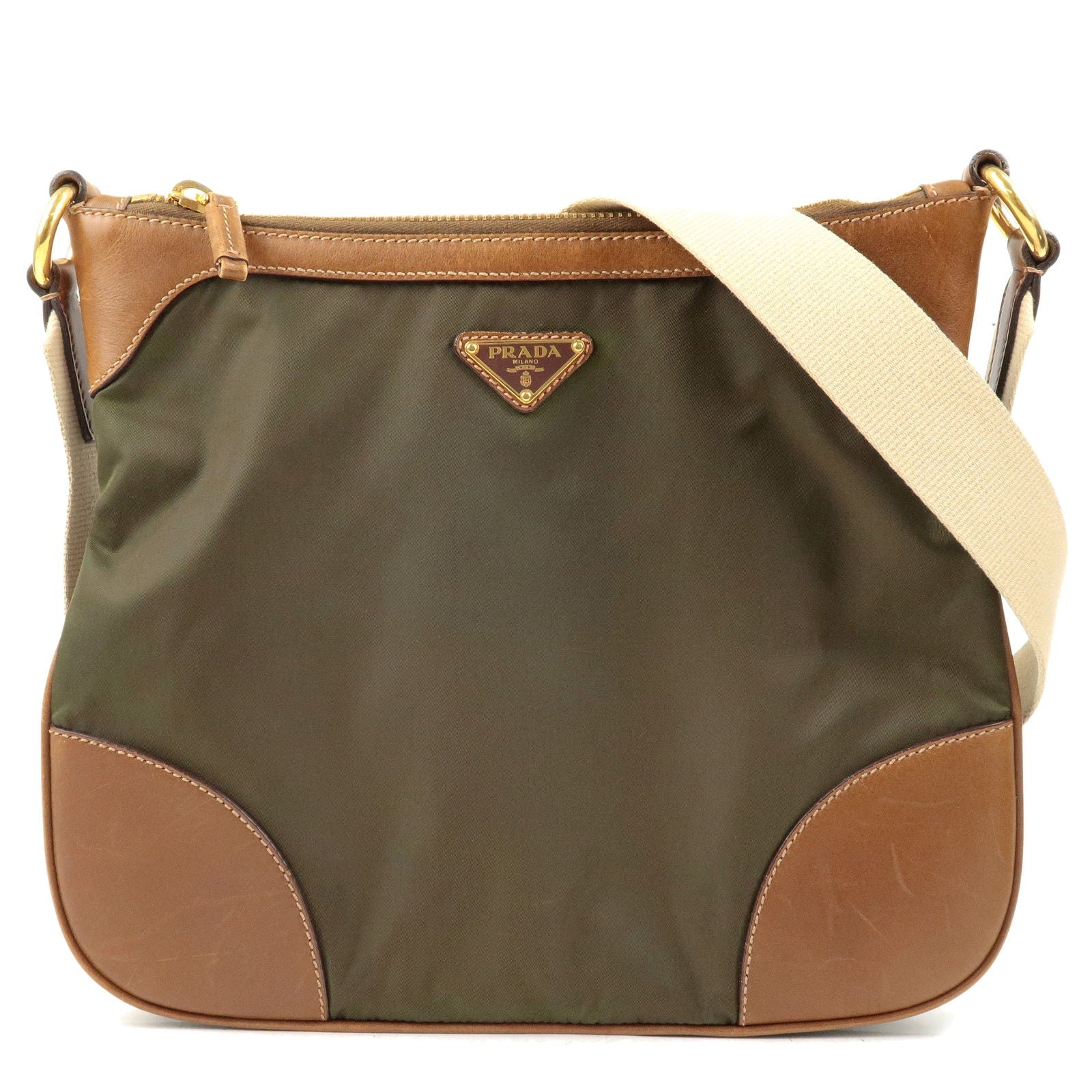 Prada Prada Nylon Leather Shoulder Bag Khaki Brown 36216