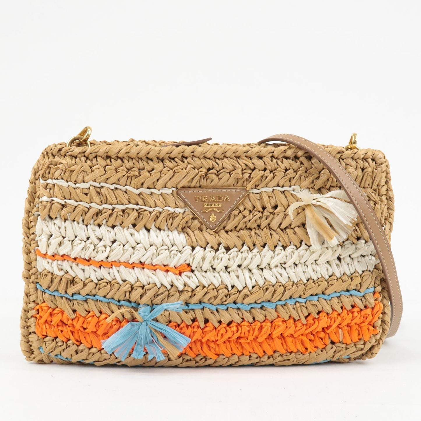 Prada Prada Raffia Tricot Leather Shoulder Bag Beige Orange