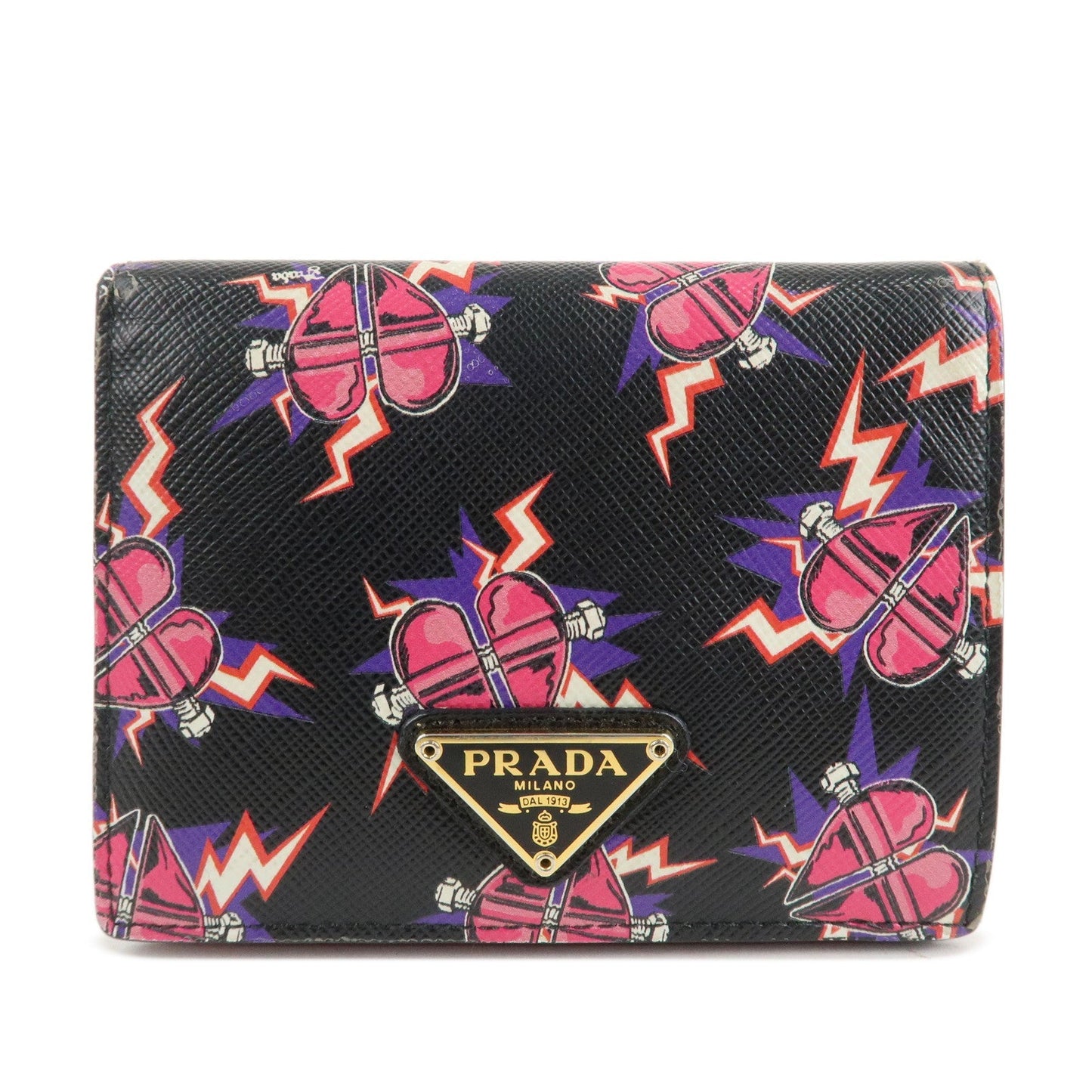 Prada Heart Print Bi-fold Wallet d Leather Saffiano Black Handbag
