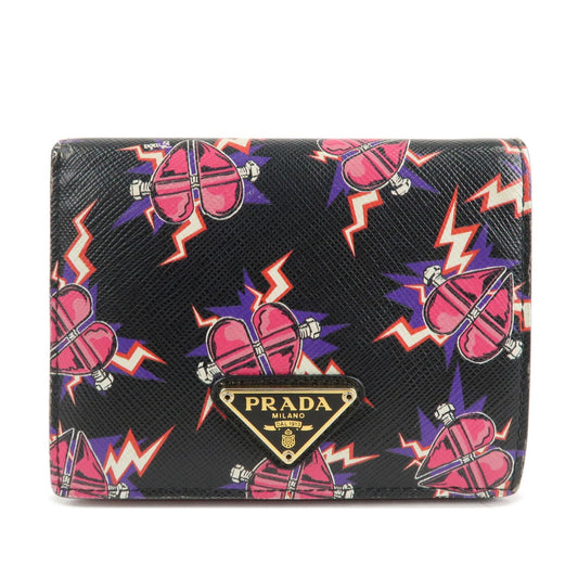 Prada Heart Print Bi-fold Wallet d Leather Saffiano Black Handbag
