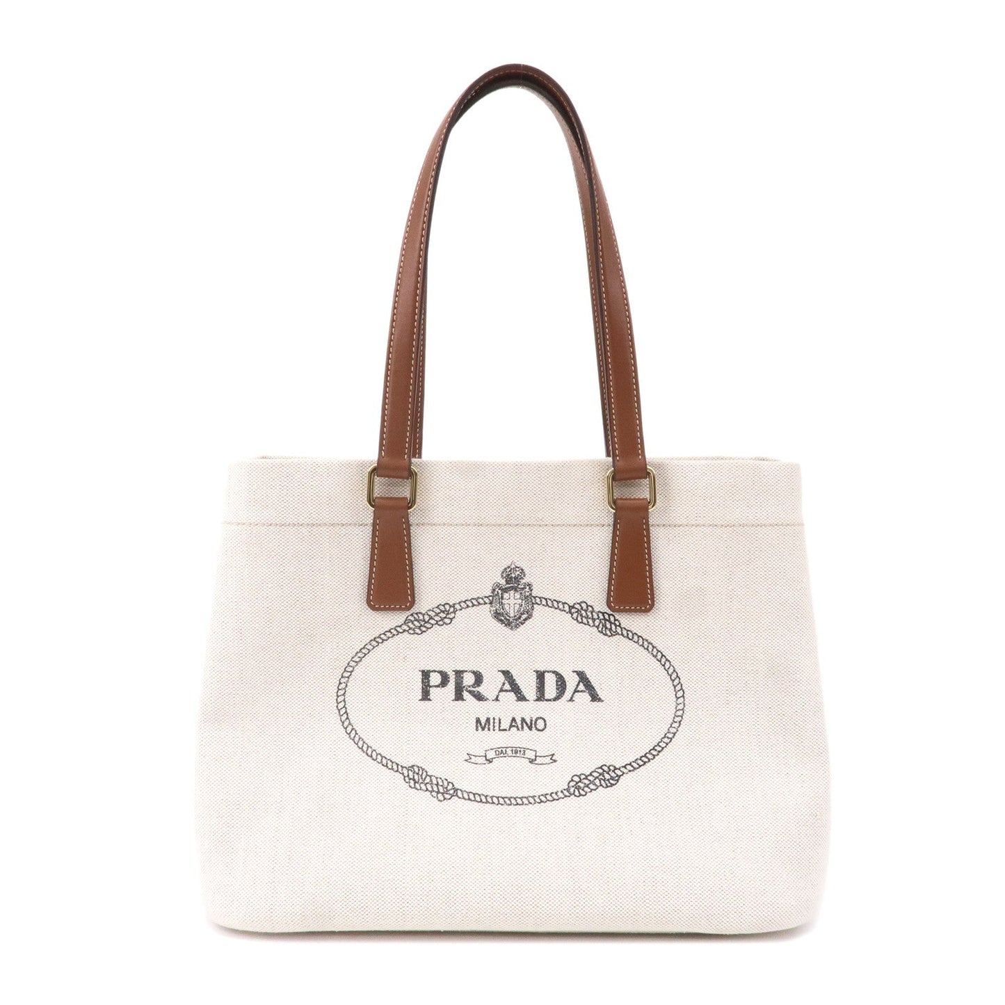 Prada Prada Logo Canvas Linen Leather Tote Bag Ivory