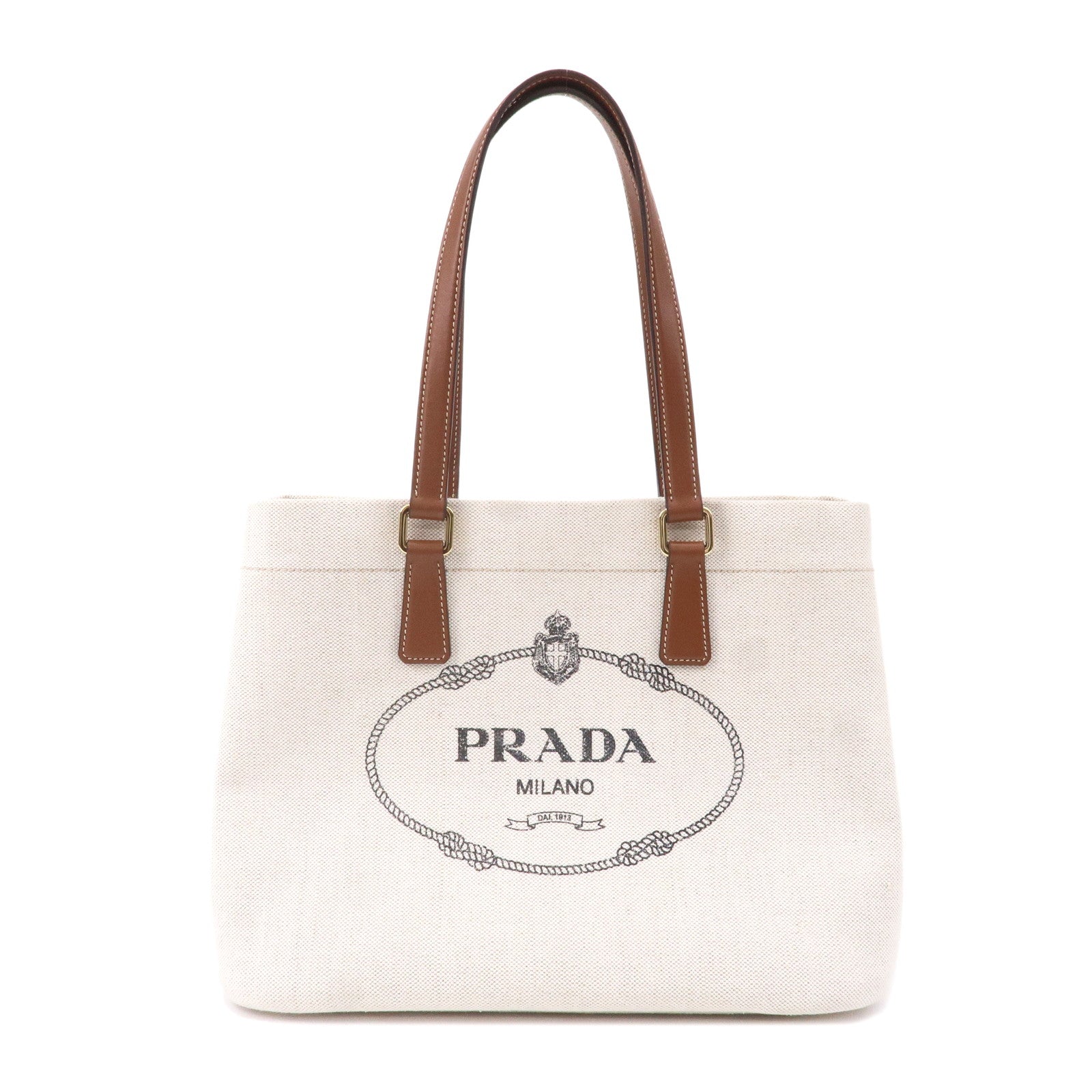 Prada Prada Logo Canvas Linen Leather Tote Bag Ivory