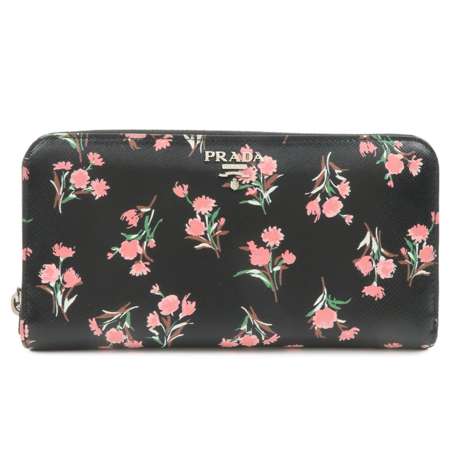 Prada Round Zipper Long Wallet Flower d Leather Black Logo Handbag
