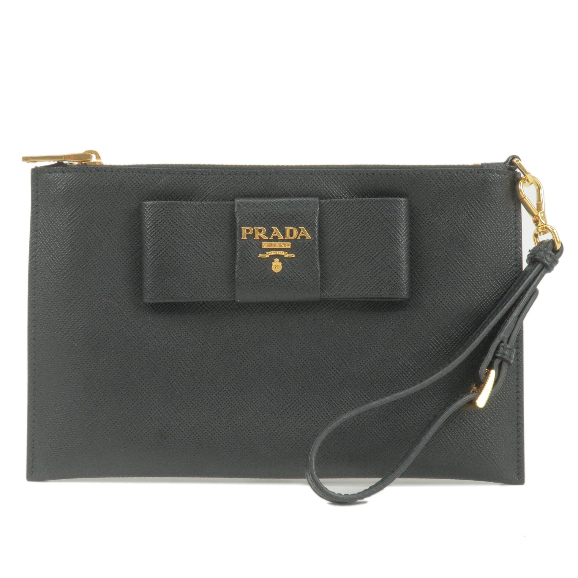 Prada Prada Logo Leather Ribbon Pouch Cosmetics Bag Nero Travel Bag