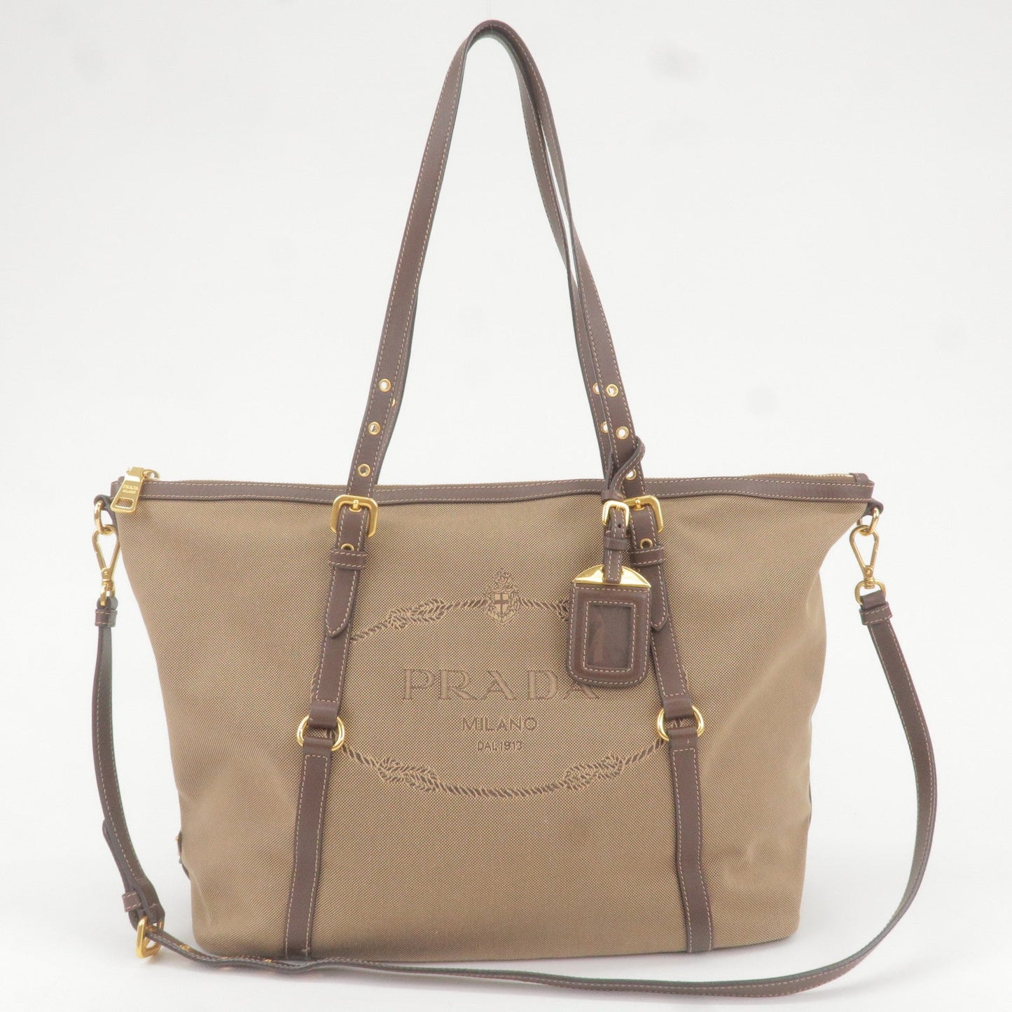 Prada Prada Logo Jacquard Leather 2Way Tote Bag Beige