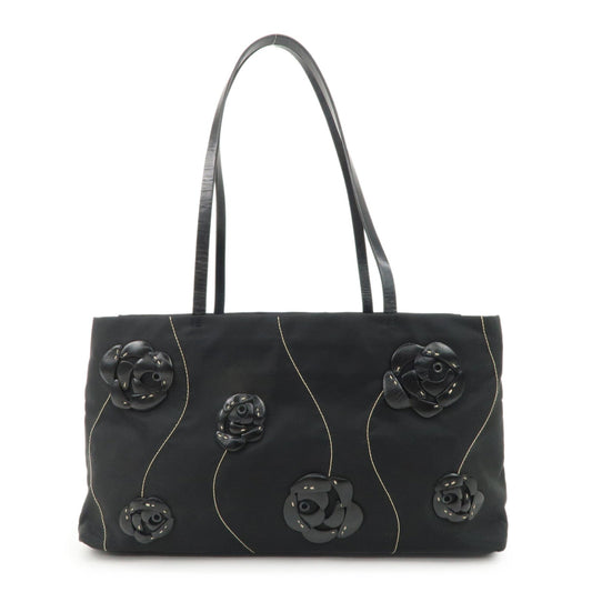 Prada Tote Bag Traiangle Flower d Leather Nylon Black