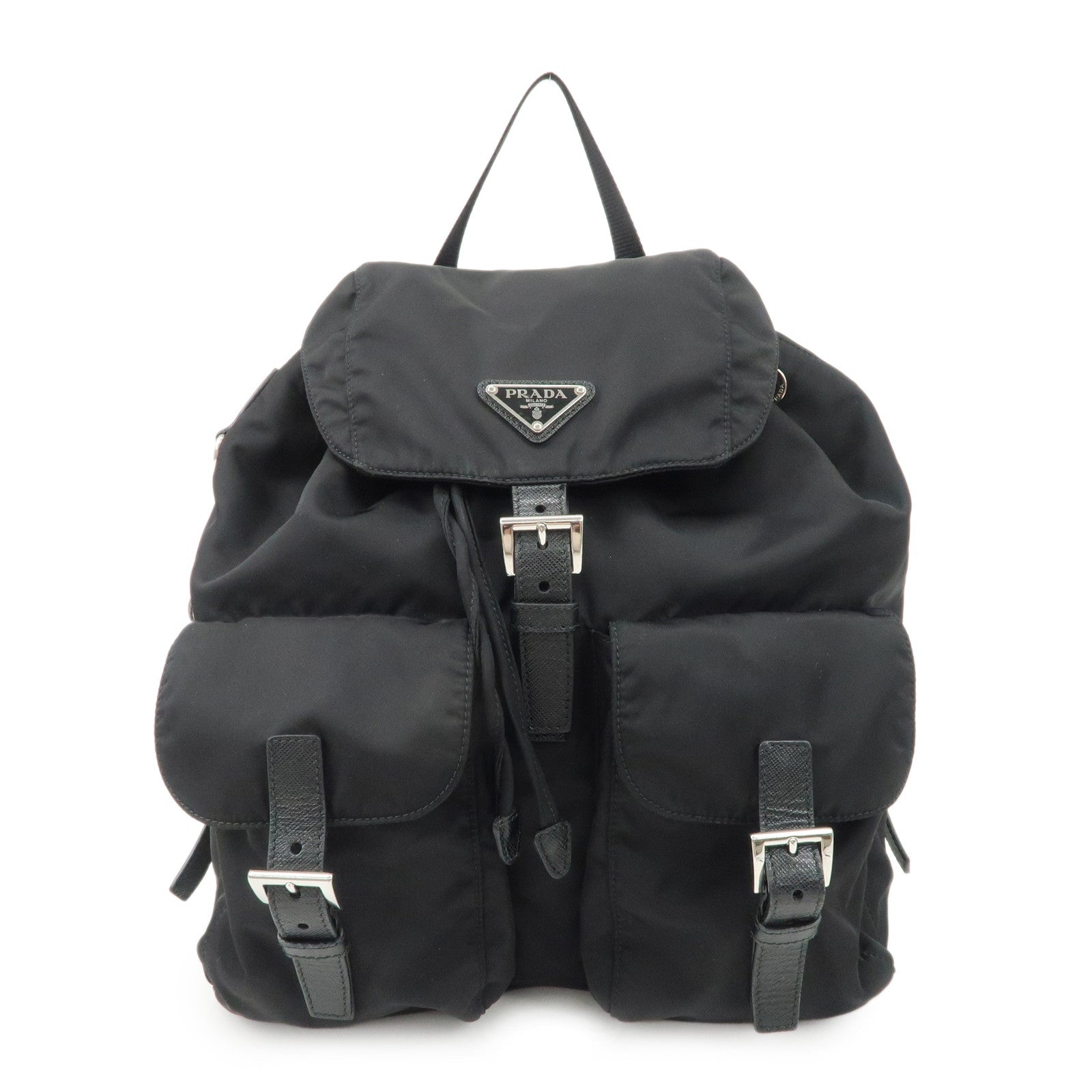Prada Re- Triangle Back Pack d Leather Nylon Black Handbag