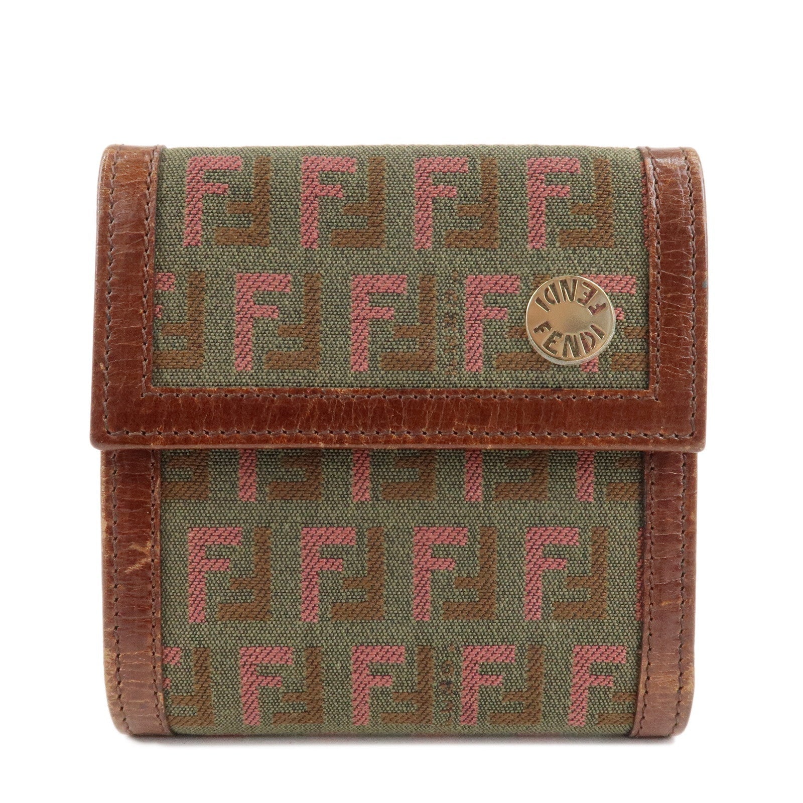 Fendi Zucchino Tri-fold Wallet Khaki d Leather Canvas Handbag