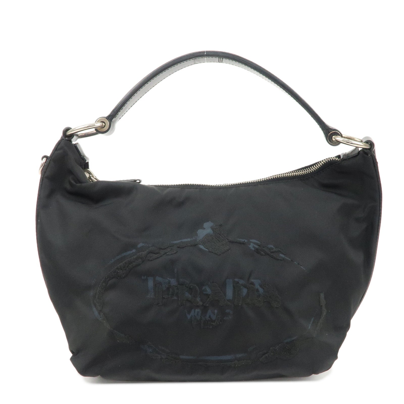 Prada Shoulder Bag Embroidery Hand Bag d Leather Nylon Black